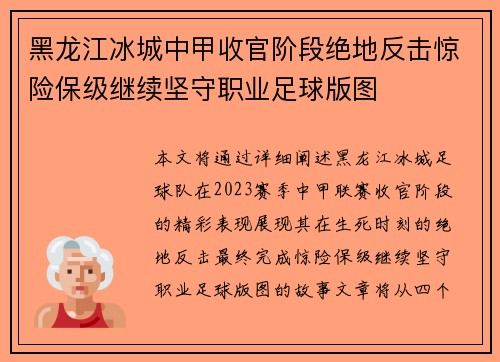黑龙江冰城中甲收官阶段绝地反击惊险保级继续坚守职业足球版图